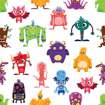 Cartoon monster characters seamless pattern, vector background with cute funny alien animals. Kids cartoon monster creatures, smiling beasts and bizarre mutants with troll, yeti and goblins pattern