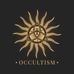 Occultism and magic, esoteric astrology icon. Triquetra, ankh, moon crescent and sun rays symbols, tarot magic sign. Witchcraft circle icon, mason tattoo or occult emblem, alchemy esoteric seal