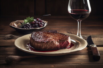 beef steak on the dish with red wine