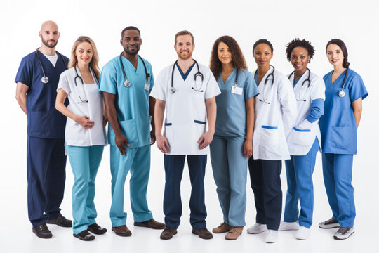 Hospital staff posing in line on a white background. Generative AI