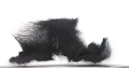 Small size black Sand flying explosion, carbon dust sands grain explode. Abstract cloud fly. Black colored sand splash throwing in Air. White background Isolated high speed shutter, throwing freeze