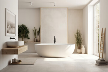 Naklejka na ściany i meble Experience the epitome of luxury in a beautifully designed bathroom with a spacious tub and an elegant sink. A space to relax and unwind in style. AI Generative