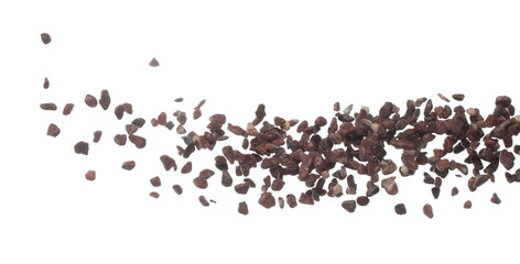 Fish Tank decorative Rock stone gravel fly explosion fall, red stone rock explode abstract cloud fly, splash in air for ground floor. White background isolated high speed shutter freeze shot