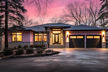 Fresh Build Property: Architecturally Stunning Design with Pink Siding, Natural Stone Features, and Three-Car Garage, generative AI