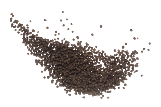Fertilizer brown chemical accelerate growth fly fall explosion, many tiny ball fertilizer for planting float throw in mid air. White background isolated high speed freeze motion