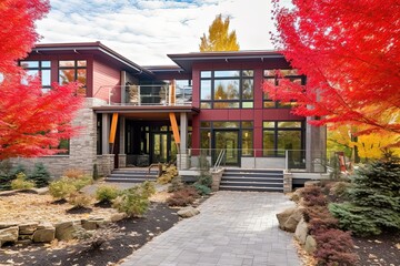 Stunning Red-Sided New Build with Stylish Design, 3-Car Garage, and Natural Stone Accents, generative AI