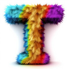 Furry letter in rainbow pride colors made of fur and feathers. Capital T