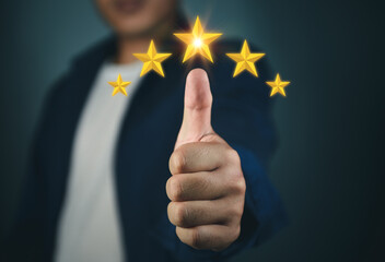 Business man checkmark in the box, the highest satisfaction rating is five stars. rating evaluation and customer satisfaction reviews with copy space, Customer satisfaction concept.