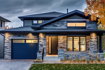 Fototapeta na wymiar Contemporary Design Charming New House with Single Car Garage, Navy Blue Siding, and Natural Stone Facade, generative AI