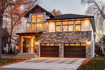 Contemporary Charm: A Brand New House with Single Car Garage, White Siding, and Natural Stone Facade, generative AI