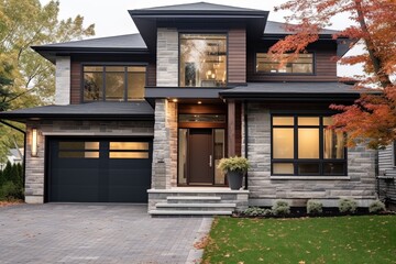 Contemporary Chic: A New Brown Siding House with a Single Car Garage and Natural Stone Facade, generative AI