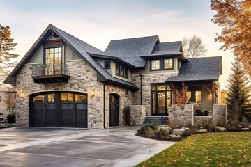 Fototapeta na wymiar Cutting-Edge Aesthetic Meets Classic Style: New Build Property Boasts 3-Car Garage, Light Green Siding, and Natural Stone Accents, generative AI