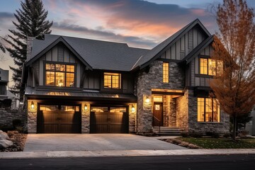 Fototapeta na wymiar Cutting-Edge Aesthetic Meets Modern Luxury in a Classic New Build Property with 3-Car Garage, Light Gray Siding, and Natural Stone Accents, generative AI