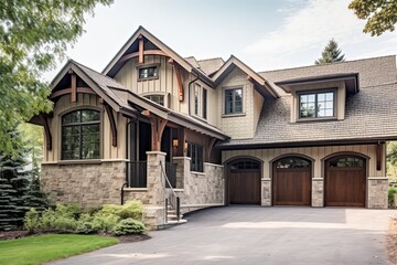 Cutting-Edge Aesthetic and Natural Stone Accents Complement this Classic New Build Property with Three-Car Garage and Beige Siding, generative AI