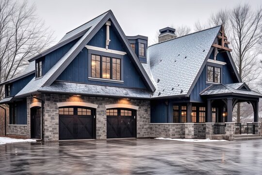 Cutting-Edge Aesthetic and Three-Car Garage in a Classic New Build Property with Dark Blue Siding and Natural Stone Accents, generative AI