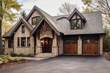 Cutting-Edge Aesthetic Meets Classic New Build: Three-Car Garage, Beige Siding, and Natural Stone Accents, generative AI