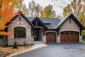 Fototapeta na wymiar Cutting-edge Aesthetic and 3-Car Garage: A Classic New Build Property with Stunning Natural Stone Accents and Beige Siding, generative AI