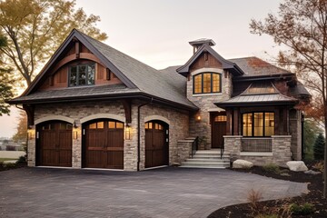 Fototapeta na wymiar Cutting-Edge Aesthetic Classic New Build Property with Three-Car Garage and Natural Stone Accents and Burgundy Siding, generative AI