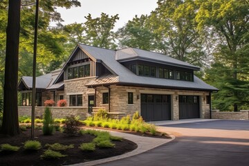 Fototapeta na wymiar Cutting-Edge Aesthetic Meets Classic New Build: Natural Stone Accents and Light Green Siding with Three-Car Garage, generative AI