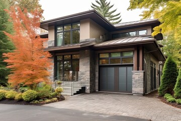 Double Garage Contemporary New Construction House with Innovative Aesthetic, Natural Stone Porch and Brown Siding, generative AI