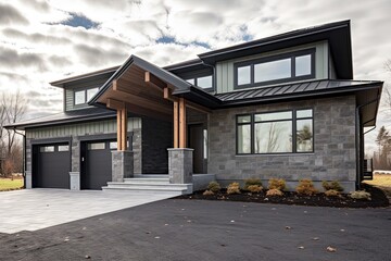Fototapeta premium Innovative Aesthetic Meets Nature-Inspired Design: Contemporary New Construction House with Double Garage and Dark Green Siding and Natural Stone Porch, generative AI