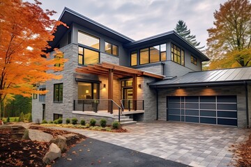 Innovative Aesthetic and Natural Materials Feature in Contemporary New Construction Home with Double Garage and Light Green Siding, generative AI