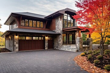 Fototapeta na wymiar Innovative Aesthetic and Natural Design: Double Garage, Burgundy Siding, and Stone Porch of a Contemporary New Construction House, generative AI