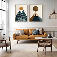 Modern illustration of beautiful stylish living room interior with poster frame on the wall. The concept of interior decoration for a minimalist home in a new house. generative AI