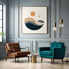 Modern illustration of beautiful stylish living room interior with poster frame on the wall. The concept of interior decoration for a minimalist home in a new house. generative AI