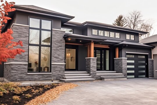 Innovative Aesthetics Meet Sustainability: A Contemporary New Construction House with a Double Garage and Dark Green Siding, Plus a Natural Stone Porch., generative AI
