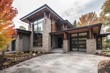 Fototapeta na wymiar Contemporary Architecture and Natural Stone Features Define Elegant New Property with Three-Car Garage and Coral Siding, generative AI