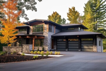 Contemporary Architecture with Dark Green Siding and Natural Stone Features: Brand New Home with 3-Car Garage, generative AI