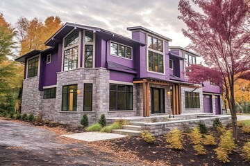Fototapeta na wymiar Contemporary Three-Car Garage Property with Elegant Purple Siding and Natural Stone Features, generative AI