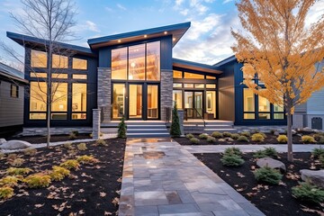 Contemporary Architecture Meets Natural Stone: Elegant Brand New Property with Three-Car Garage and Dark Blue Siding, generative AI