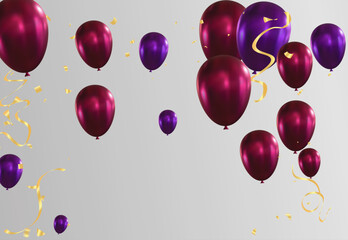 Vector illustration of purple balloons with ribbons and confetti on black background