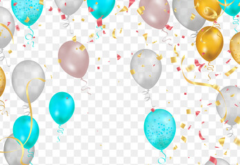 Colorful balloons with confetti and ribbons on transparent background. Vector illustration