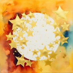 Fototapeta na wymiar Abstract Collage painting of overlapping stars on watercolor paper, with gold paint and watercolor paint drips