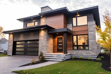 Fototapeta na wymiar Avant-garde Design and Natural Stone Embellishments for this Stunning New Double Garage Residence with Brown Siding, generative AI