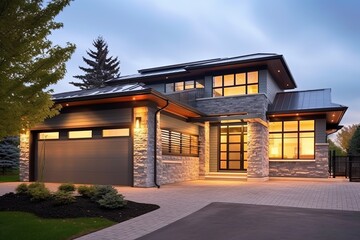Avant-Garde Design: Stunning New Home with Double Garage, Gray Siding, and Natural Stone Embellishments, generative AI