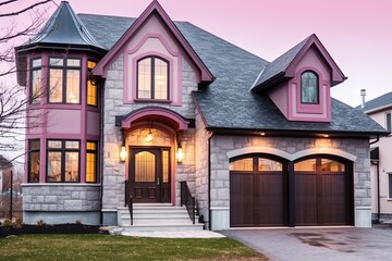 Avant-Garde Design and Natural Stone Embellishments Accent Gorgeous Fresh Residential Construction with Double Garage and Pink Siding, generative AI