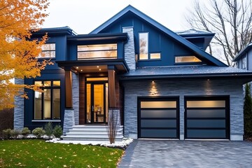 Naklejka premium Avant-Garde Design with Navy Blue Siding and Double Garage in a Fresh, Natural Stone Embellished Construction Residence, generative AI