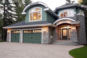 Avant-Garde Design: Beautiful Fresh Construction Residence with Double Garage, Natural Stone Embellishments, and Light Green Siding, generative AI