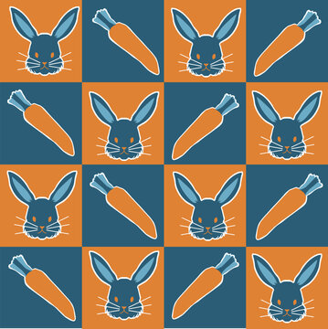 Geometric pattern of squares, rabbits and carrots in orange, navy blue, light blue and white colors. Seamless vector illustration for various prints.