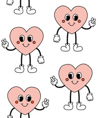 Vector seamless pattern of retro groovy cartoon pink heart isolated on white background