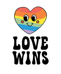 Vector lgbt groovy love wins lettering and rainbow heart isolated on white background