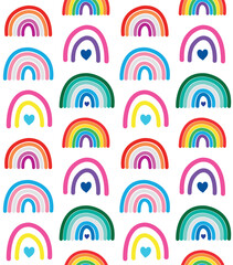 Vector seamless pattern of flat hand drawn lgbtq flag rainbows isolated on white background