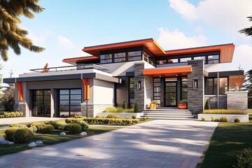 Avant-Garde Luxe Property with Natural Stone Pillars, Three-Car Garage, and Striking Orange Siding, generative AI