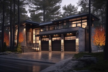 Fototapeta premium Avant-Garde Luxe Property with Dark Green Siding and Natural Stone Pillars Boasts Three-Car Garage, generative AI
