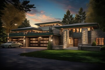 Fototapeta premium Avant-Garde Luxury Property with Green Siding, Natural Stone Pillars, and Three-Car Garage, generative AI