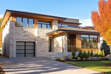 Contemporary Architecture and Natural Stone Details Highlight Brand New Dwelling with Two-Car Garage and Beige Siding, generative AI